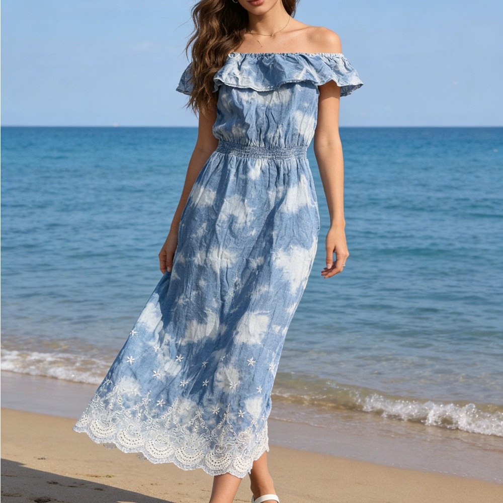 Max Jeans Blue Tie-Dye One-Shoulder Ruffle Maxi Dress